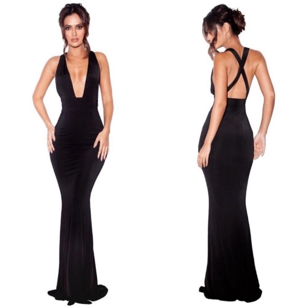 House of CB London Miacova Silky Jersey Plunge Neck Maxi Gown Black Prom-Medium